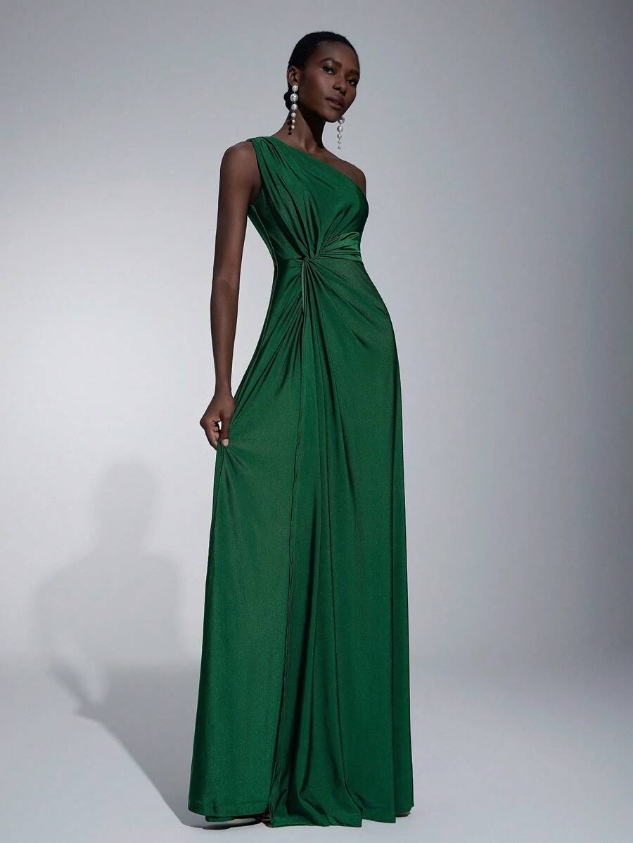 Elitara Vestito ampio da damigella d'onore in tessuto maglia verde, romantico ed elegante, a una spalla