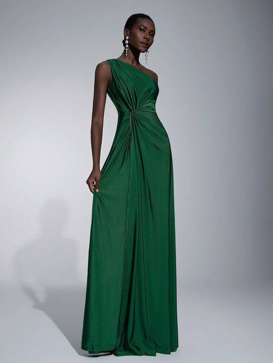 Elitara Vestito ampio da damigella d'onore in tessuto maglia verde, romantico ed elegante, a una spalla