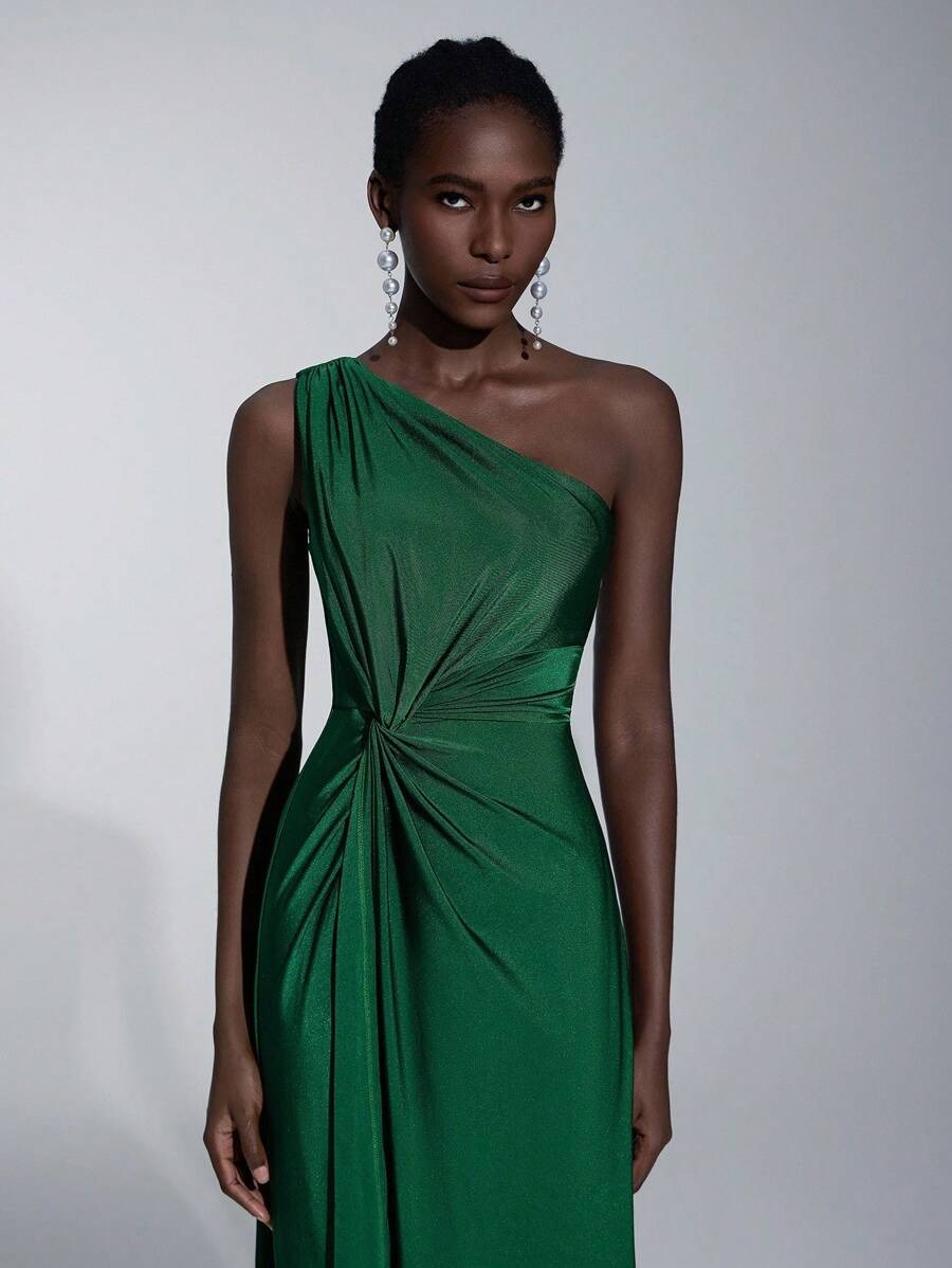 Elitara Vestito ampio da damigella d'onore in tessuto maglia verde, romantico ed elegante, a una spalla