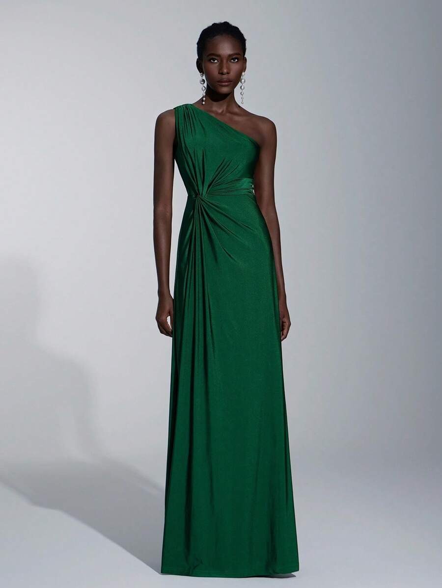 Elitara Vestito ampio da damigella d'onore in tessuto maglia verde, romantico ed elegante, a una spalla