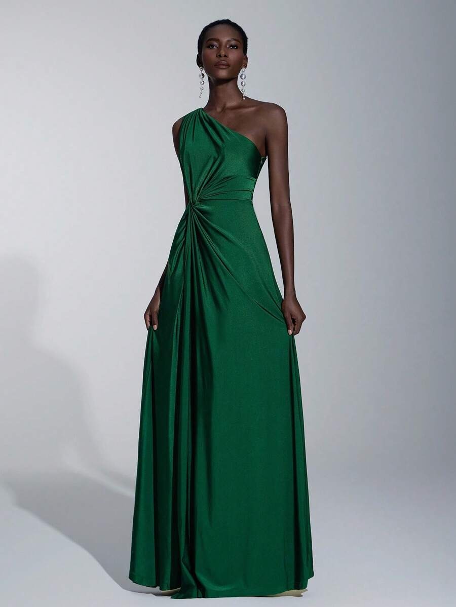 Elitara Vestito ampio da damigella d'onore in tessuto maglia verde, romantico ed elegante, a una spalla