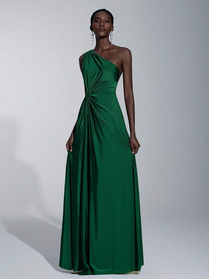 Elitara Vestito ampio da damigella d'onore in tessuto maglia verde, romantico ed elegante, a una spalla