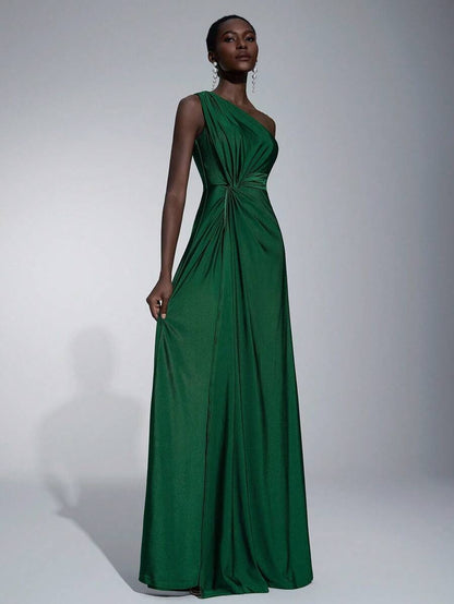 Elitara Vestito ampio da damigella d'onore in tessuto maglia verde, romantico ed elegante, a una spalla