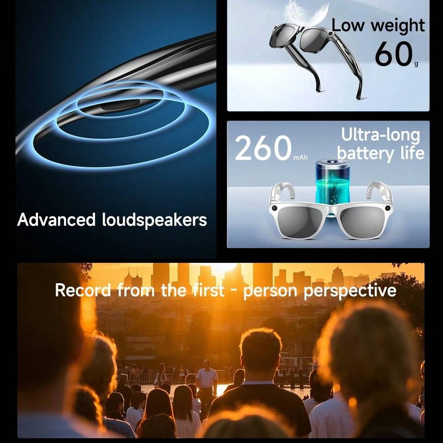 Nuovi occhiali da sole intelligenti, multifunzionali, batteria ad alta capacità da 260mAh, riconoscimento degli oggetti AI, chiamata, riproduzione musicale, foto, registrazione video, ricaricabili, lenti HD, tecnologia avanzata, unisex