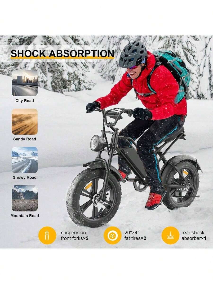 Bici elettrica per pneumatici grassi da 200 W per adulti, batteria grande 48 V 18 Ah, 100-240 V, freno a disco meccanico, mountain bike fino a 20 velocità, faro traslucido a LED, bici elettrica da montagna
