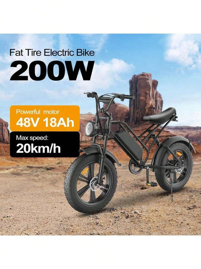 Bici elettrica per pneumatici grassi da 200 W per adulti, batteria grande 48 V 18 Ah, 100-240 V, freno a disco meccanico, mountain bike fino a 20 velocità, faro traslucido a LED, bici elettrica da montagna
