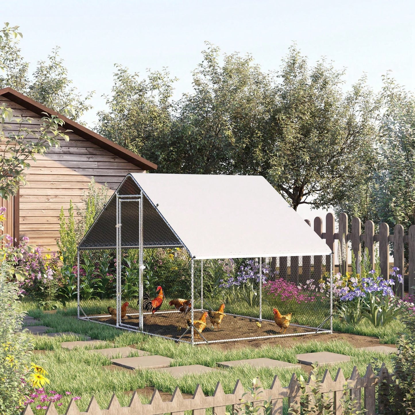 PawHut Pollaio Ovaiole per Esterni con Telaio Zincato e Rete Esagonale, Recinto con Copertura in Tessuto Impermeabile per Polli, Anatre e Conigli, 3x2x2m