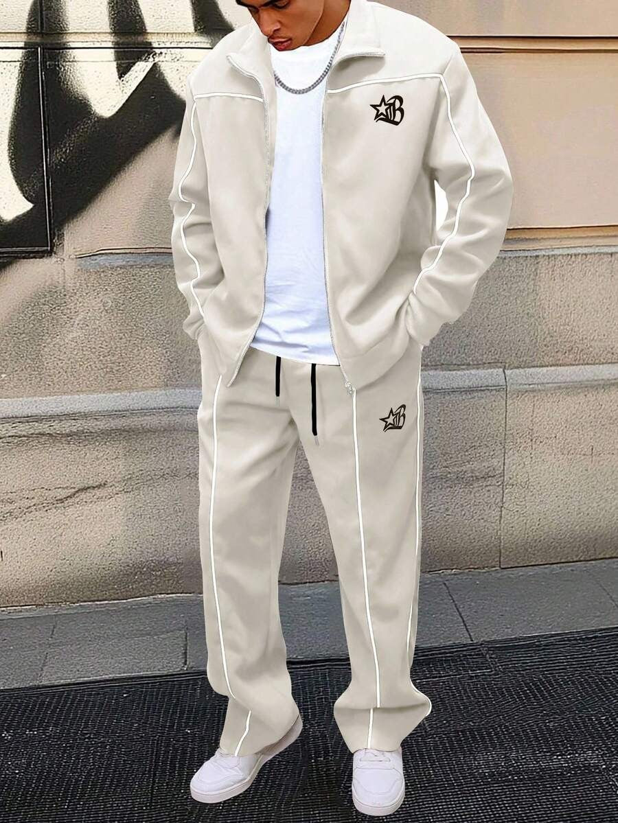 Manfinity EMRG Tuta da uomo composta da giacca con cerniera e ricamo a lettere, pantaloni lunghi con coulisse in vita