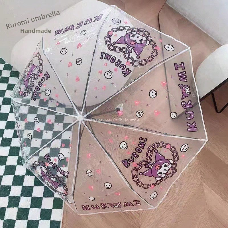 Ombrello pieghevole trasparente portatile carino con personaggi dei cartoni animati Sanrio Hello Kitty e Kuromi, ombrello manuale pieghevole Jade Guigou Melody Sanrio adatto per sole, pioggia, come regalo, accessorio da esterno