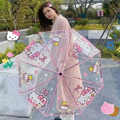 Ombrello pieghevole trasparente portatile carino con personaggi dei cartoni animati Sanrio Hello Kitty e Kuromi, ombrello manuale pieghevole Jade Guigou Melody Sanrio adatto per sole, pioggia, come regalo, accessorio da esterno