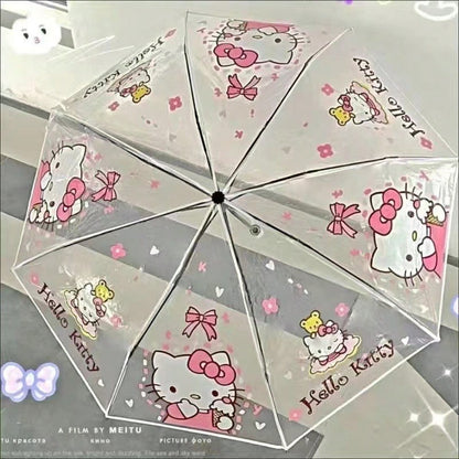 Ombrello pieghevole trasparente portatile carino con personaggi dei cartoni animati Sanrio Hello Kitty e Kuromi, ombrello manuale pieghevole Jade Guigou Melody Sanrio adatto per sole, pioggia, come regalo, accessorio da esterno