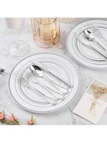 75 pezzi Set di posate decorative argento e oro - inclusi 25 forchette, 25 coltelli, 25 cucchiai da tavola - Lavabili e riutilizzabili per matrimoni, feste, cene, matrimoni, cucina e San Valentino, forniture scolastiche