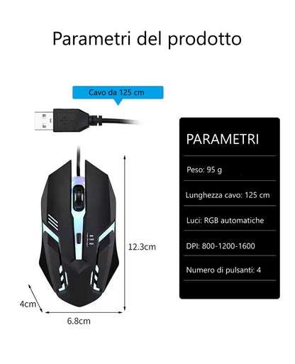 Mouse da gaming con luci RGB, con cavo, ergonomico per laptop, computer, desktop