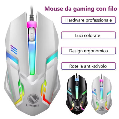 LIMEDE Mouse da gaming retroilluminato con cavo USB per laptop, computer, ufficio