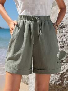 EMERY ROSE Pantaloncini casual estivi in cotone da donna con vita elastica, orlo arricciato, tasche oblique, colore verde