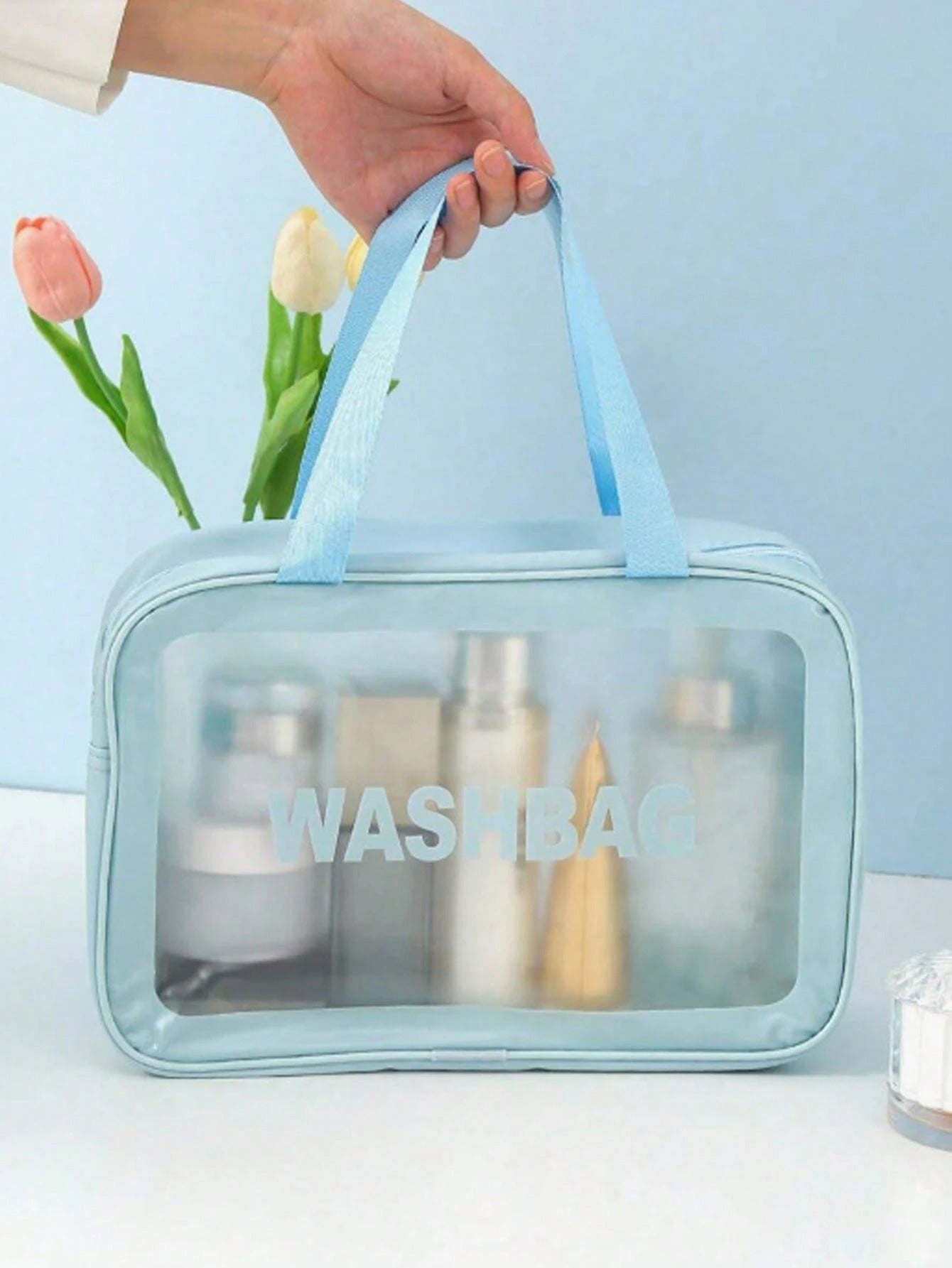 Borsa da viaggio estiva 4 in 1, organizer per articoli da toeletta impermeabile in PVC, bustina cosmetica, pochette da spiaggia, adatta per ombretti, assorbenti igienici, rossetti, cosmetici, eyeliner, gloss labbra, prodotti per la cura della pelle