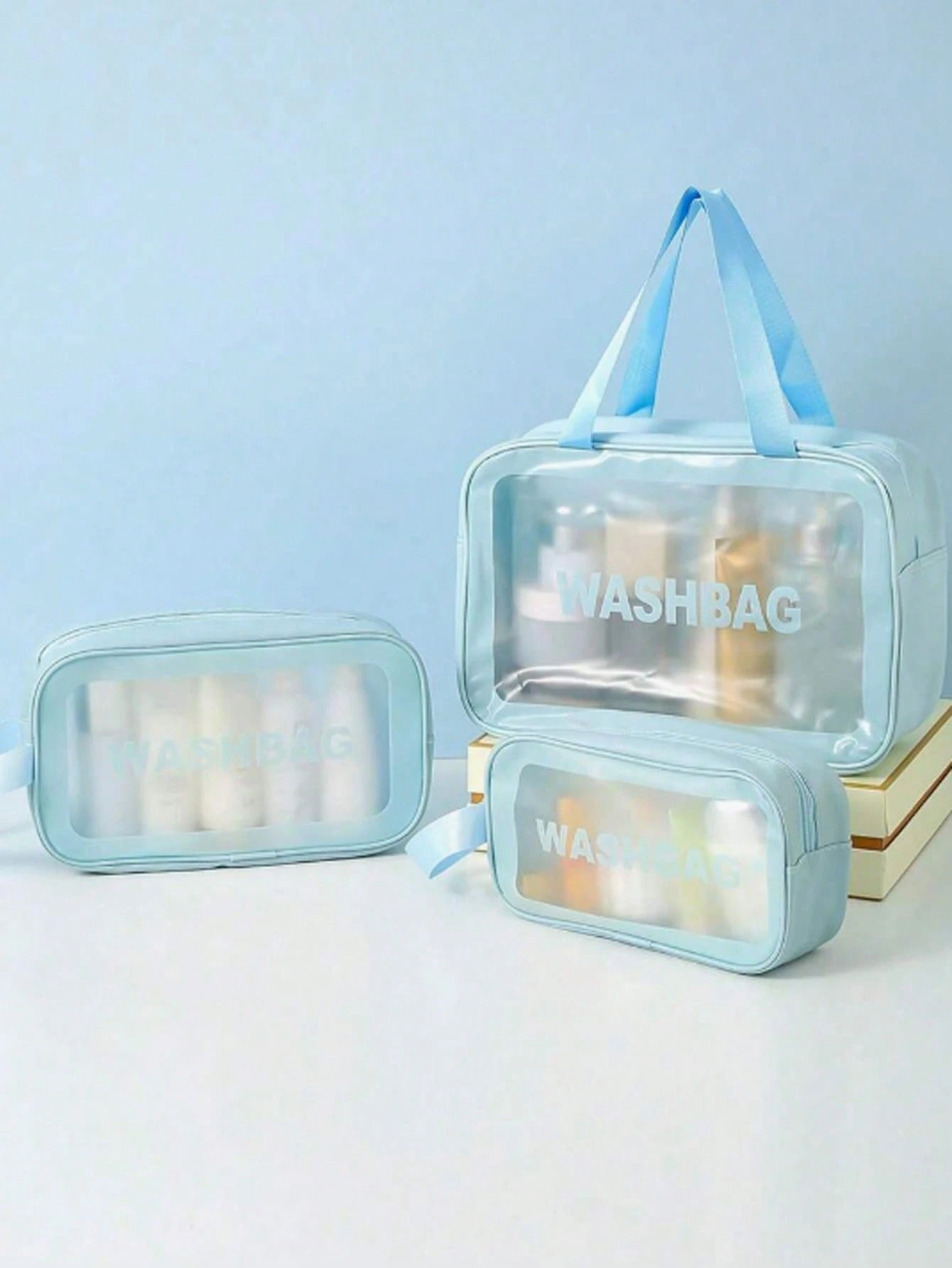 Borsa da viaggio estiva 4 in 1, organizer per articoli da toeletta impermeabile in PVC, bustina cosmetica, pochette da spiaggia, adatta per ombretti, assorbenti igienici, rossetti, cosmetici, eyeliner, gloss labbra, prodotti per la cura della pelle
