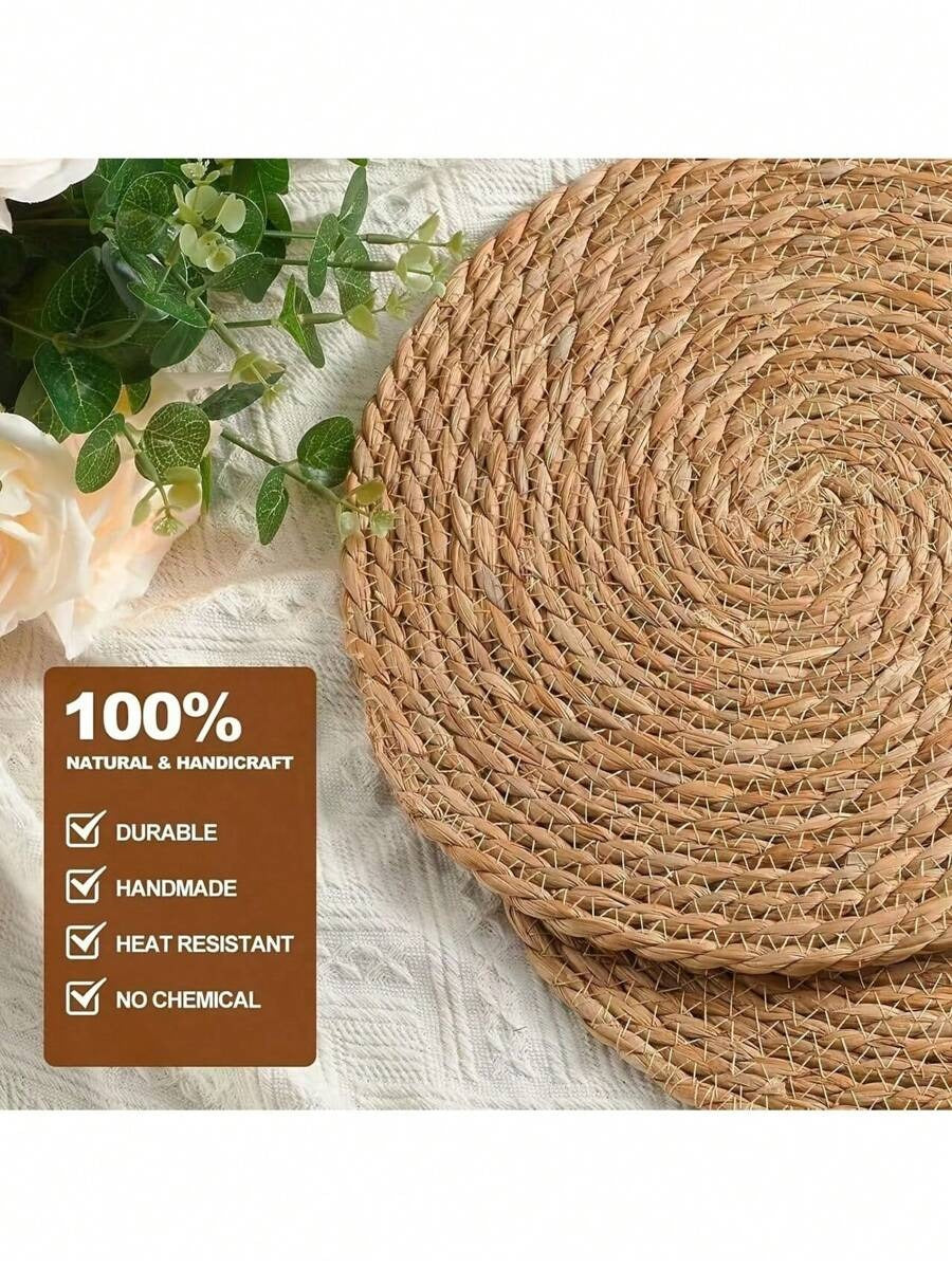 6 pezzi di sottopiatti tondi intrecciati a mano in rattan da 11 cm, resistenti al calore e facili da pulire, per cena di Ognissanti, festa del Ringraziamento, cena di Natale, tavola autunnale, decorazione autunnale, festa del raccolto, riunione familiare