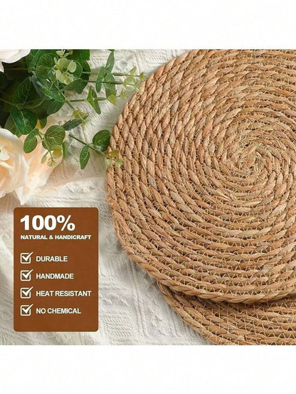 6 pezzi di sottopiatti tondi intrecciati a mano in rattan da 11 cm, resistenti al calore e facili da pulire, per cena di Ognissanti, festa del Ringraziamento, cena di Natale, tavola autunnale, decorazione autunnale, festa del raccolto, riunione familiare