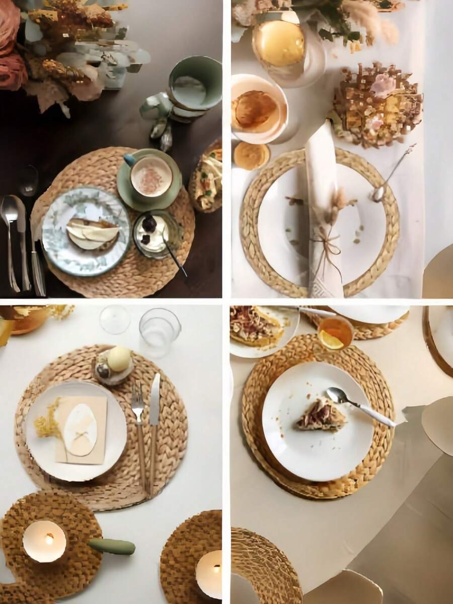 6 pezzi di sottopiatti tondi intrecciati a mano in rattan da 11 cm, resistenti al calore e facili da pulire, per cena di Ognissanti, festa del Ringraziamento, cena di Natale, tavola autunnale, decorazione autunnale, festa del raccolto, riunione familiare
