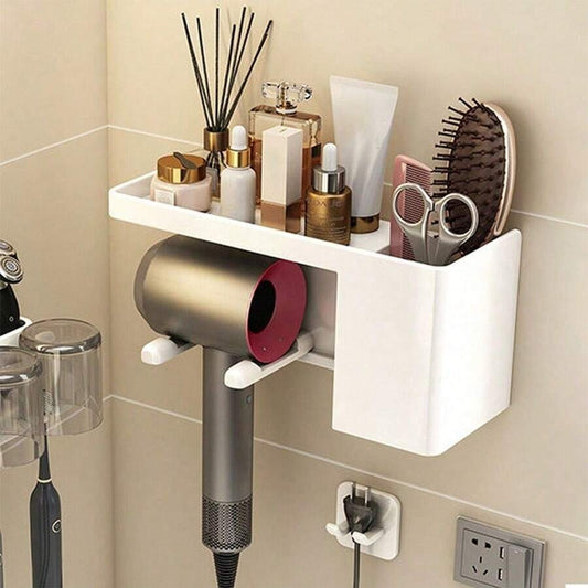 Supporto a parete per asciugacapelli, in materiale plastico, supporto a mani libere per asciugacapelli, rastrelliera per riposizionamento dell'asciugacapelli in bagno, organizer per asciugacapelli montato a parete su un lato, accessorio salvaspazio