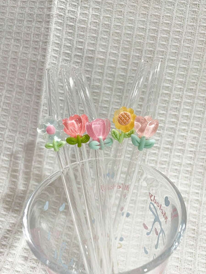 1/2 pezzi di cannucce in vetro resistente al calore decorate con fiori, adatte per bere succhi di frutta, tè al latte, caffè, bevande fredde, con design curvo e decorazione a forma di frutta