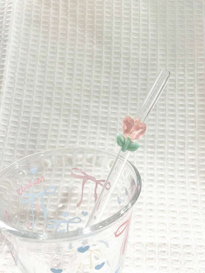1/2 pezzi di cannucce in vetro resistente al calore decorate con fiori, adatte per bere succhi di frutta, tè al latte, caffè, bevande fredde, con design curvo e decorazione a forma di frutta