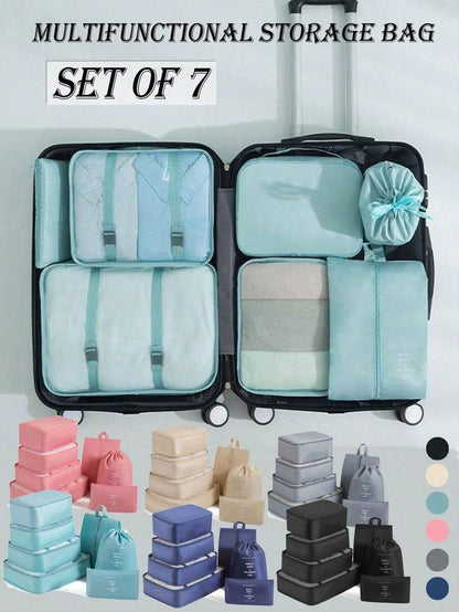 7 pezzi Set di borse da viaggio per contenere e organizzare valigia, abiti, scarpe, articoli da toeletta, scatole, portatili, impermeabili, multifunzionali, adatti per rossetti, pennelli, cosmetici, telefoni, monete, piccoli oggetti,