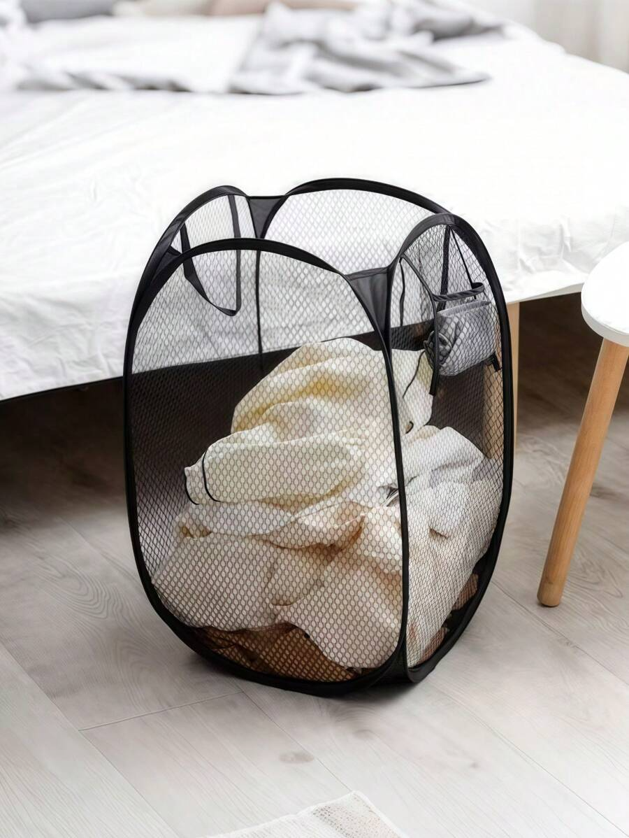 Cesto portabiancheria pieghevole nero, cestino in rete di grande capacità con manici e tasche multiple, spazio di stoccaggio salvaspazio per dormitorio/appartamento (design pieghevole)