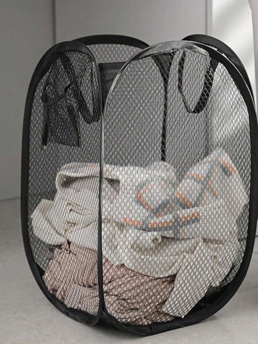 Cesto portabiancheria pieghevole nero, cestino in rete di grande capacità con manici e tasche multiple, spazio di stoccaggio salvaspazio per dormitorio/appartamento (design pieghevole)