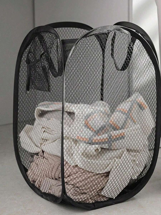 Cesto portabiancheria pieghevole nero, cestino in rete di grande capacità con manici e tasche multiple, spazio di stoccaggio salvaspazio per dormitorio/appartamento (design pieghevole)