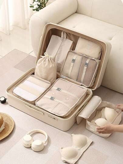 7 pezzi Set di borse da viaggio per contenere e organizzare valigia, abiti, scarpe, articoli da toeletta, scatole, portatili, impermeabili, multifunzionali, adatti per rossetti, pennelli, cosmetici, telefoni, monete, piccoli oggetti,