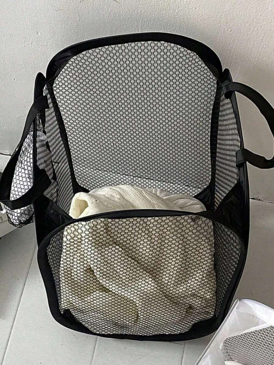 Cesto portabiancheria pieghevole nero, cestino in rete di grande capacità con manici e tasche multiple, spazio di stoccaggio salvaspazio per dormitorio/appartamento (design pieghevole)