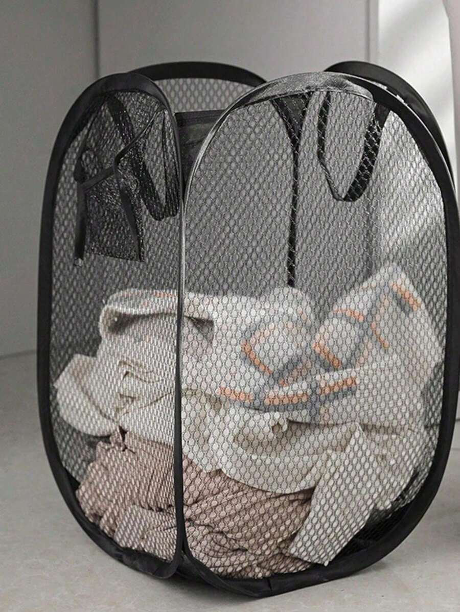 Cesto portabiancheria pieghevole nero, cestino in rete di grande capacità con manici e tasche multiple, spazio di stoccaggio salvaspazio per dormitorio/appartamento (design pieghevole)