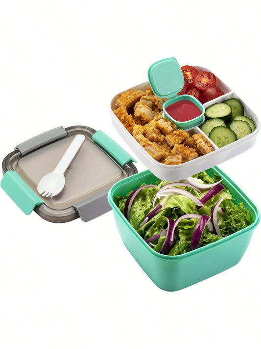 1 pezzo, Contenitore per insalata tutto in uno - Ciotola per insalata grande, Vassoio bento, Contenitore a tenuta stagna per salse, Coperchio ermetico e Forchetta per pranzi sani per adulti; Lavabile in lavastoviglie/microonde,