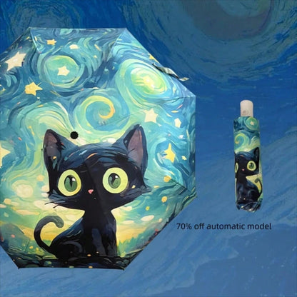 1 pezzo Nuovo, carino, ombrello pieghevole con motivo a gatto di Van Gogh, ombrello reversibile da sole e antipioggia, automatico, con protezione UV, modello di gatto nero alla moda