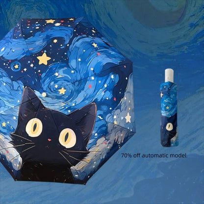 1 pezzo Nuovo, carino, ombrello pieghevole con motivo a gatto di Van Gogh, ombrello reversibile da sole e antipioggia, automatico, con protezione UV, modello di gatto nero alla moda