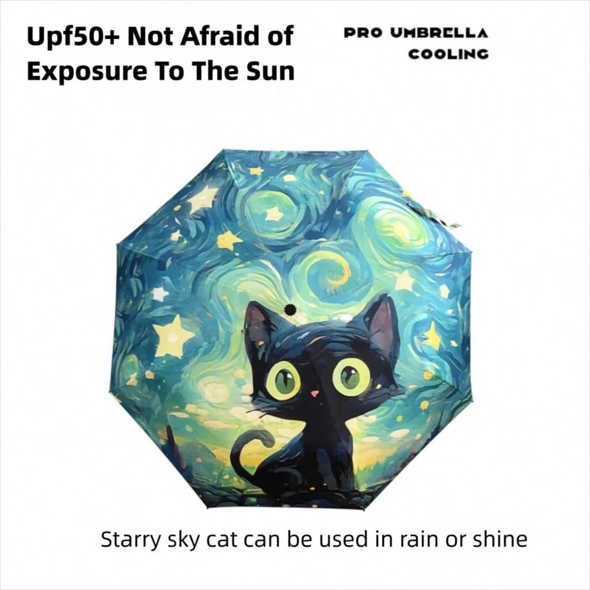 1 pezzo Nuovo, carino, ombrello pieghevole con motivo a gatto di Van Gogh, ombrello reversibile da sole e antipioggia, automatico, con protezione UV, modello di gatto nero alla moda