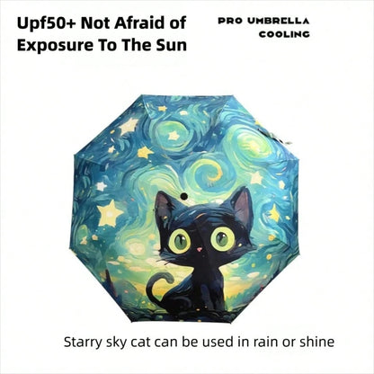 1 pezzo Nuovo, carino, ombrello pieghevole con motivo a gatto di Van Gogh, ombrello reversibile da sole e antipioggia, automatico, con protezione UV, modello di gatto nero alla moda
