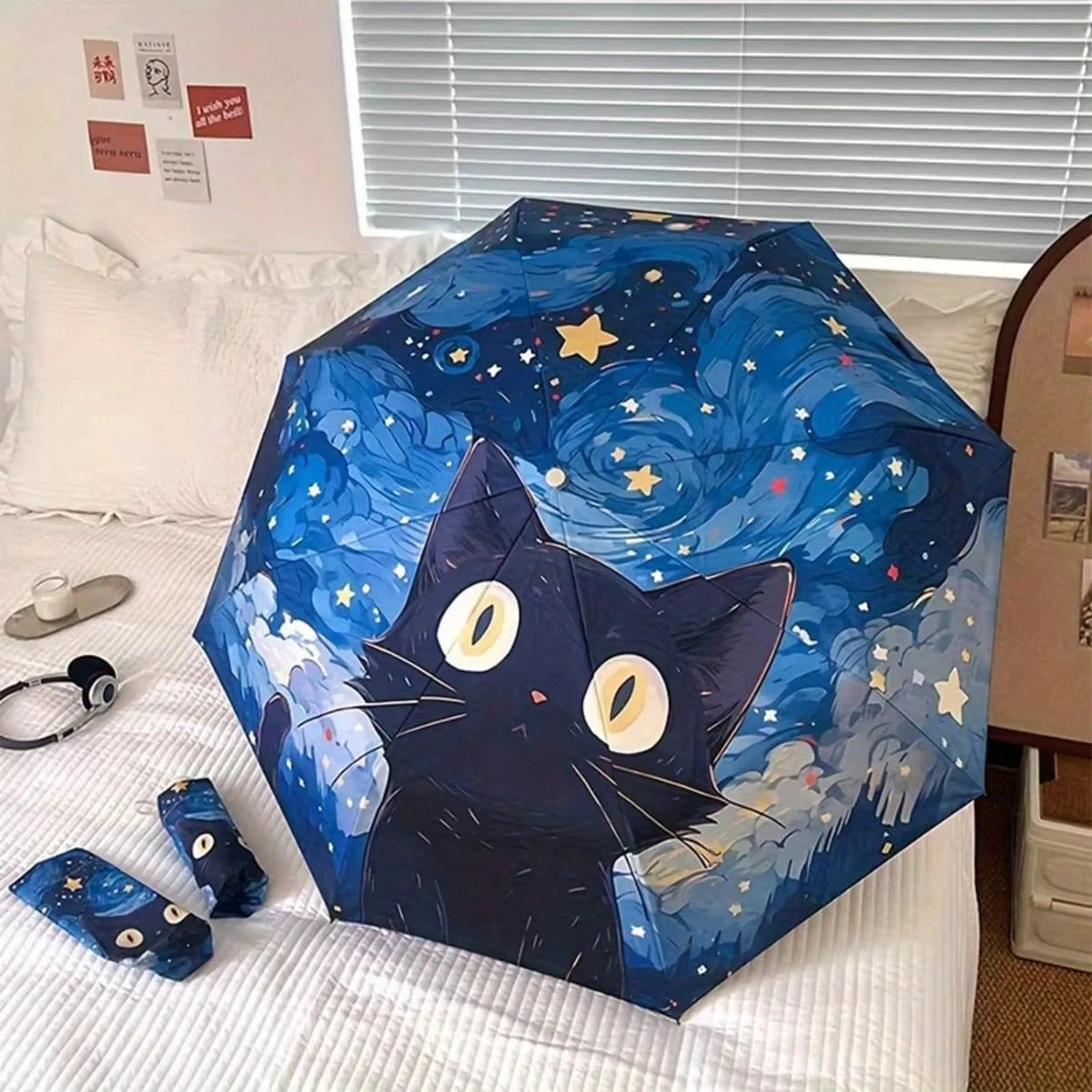 1 pezzo Nuovo, carino, ombrello pieghevole con motivo a gatto di Van Gogh, ombrello reversibile da sole e antipioggia, automatico, con protezione UV, modello di gatto nero alla moda