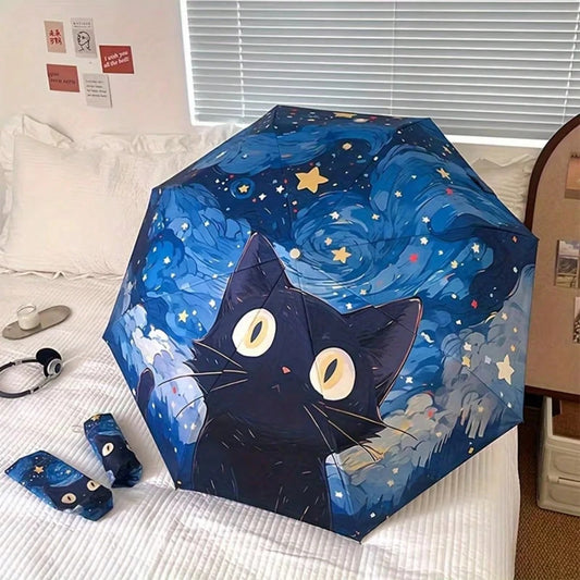 1 pezzo Nuovo, carino, ombrello pieghevole con motivo a gatto di Van Gogh, ombrello reversibile da sole e antipioggia, automatico, con protezione UV, modello di gatto nero alla moda