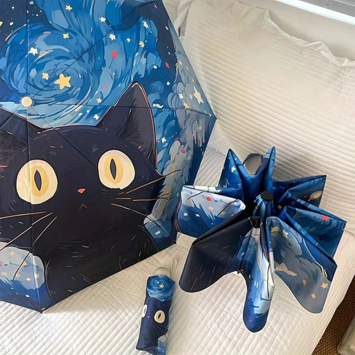 1 pezzo Nuovo, carino, ombrello pieghevole con motivo a gatto di Van Gogh, ombrello reversibile da sole e antipioggia, automatico, con protezione UV, modello di gatto nero alla moda