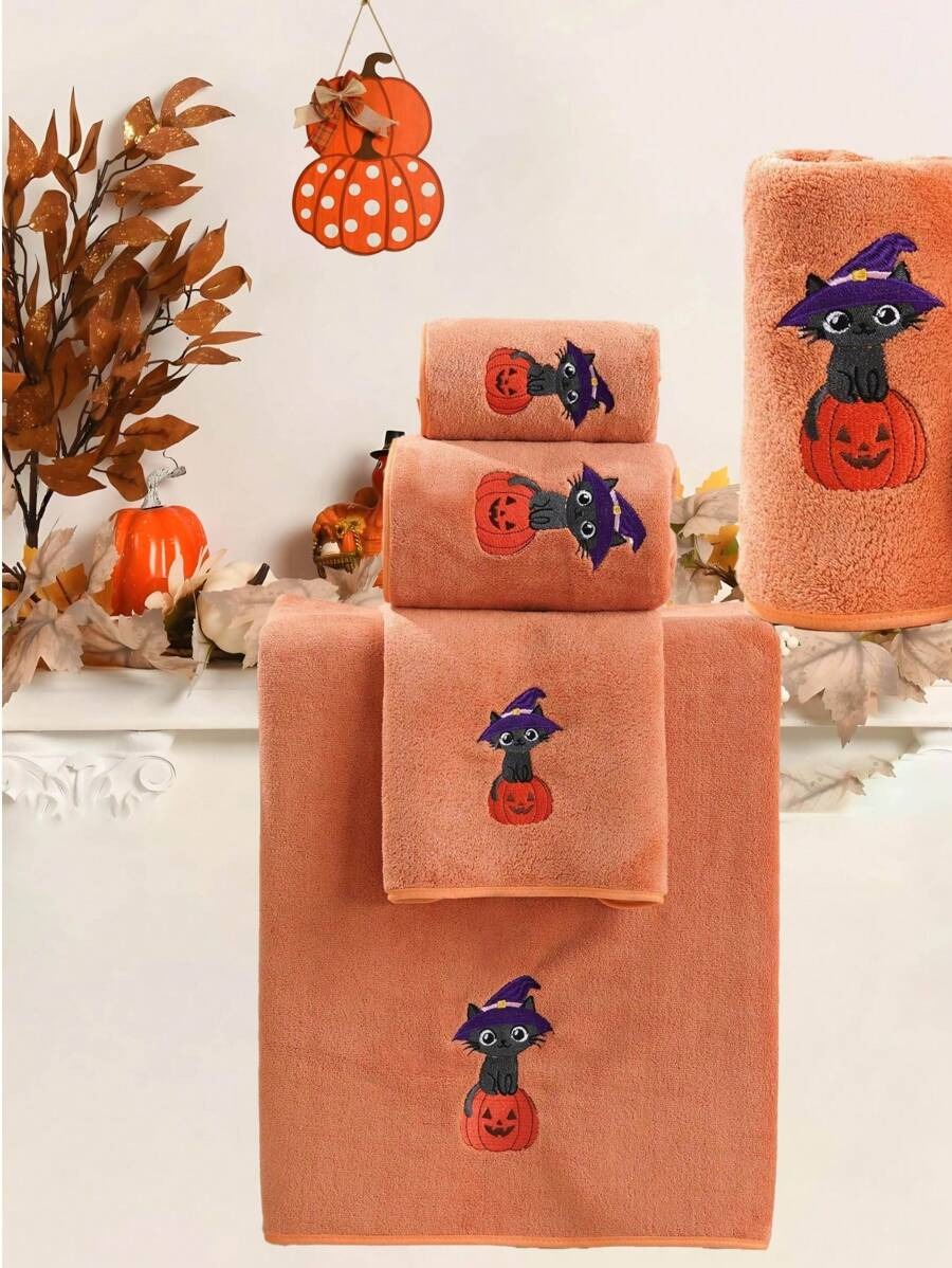 1/3 pezzi Asciugamano o telo da bagno in velluto corallo ricamato, decorazione autunnale con gatti neri e magici, regali per le vacanze, decorazione per la casa, morbido e assorbente per il salone di bellezza e il bagno di casa