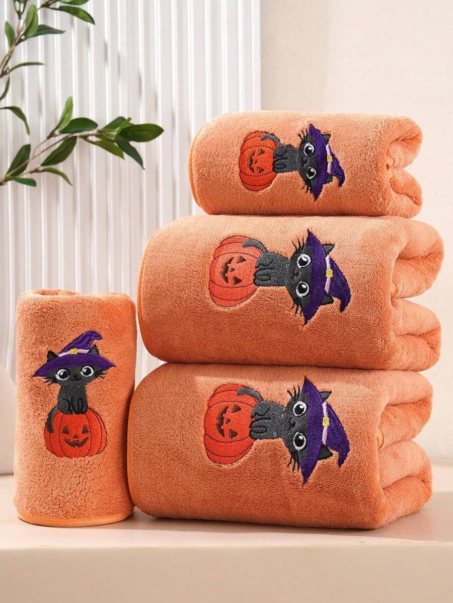 1/3 pezzi Asciugamano o telo da bagno in velluto corallo ricamato, decorazione autunnale con gatti neri e magici, regali per le vacanze, decorazione per la casa, morbido e assorbente per il salone di bellezza e il bagno di casa