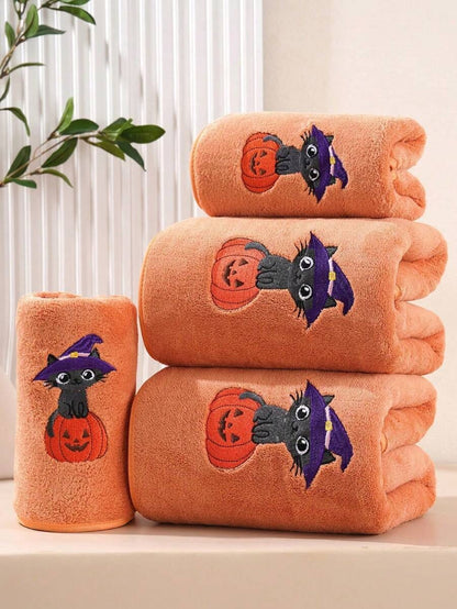 1/3 pezzi Asciugamano o telo da bagno in velluto corallo ricamato, decorazione autunnale con gatti neri e magici, regali per le vacanze, decorazione per la casa, morbido e assorbente per il salone di bellezza e il bagno di casa