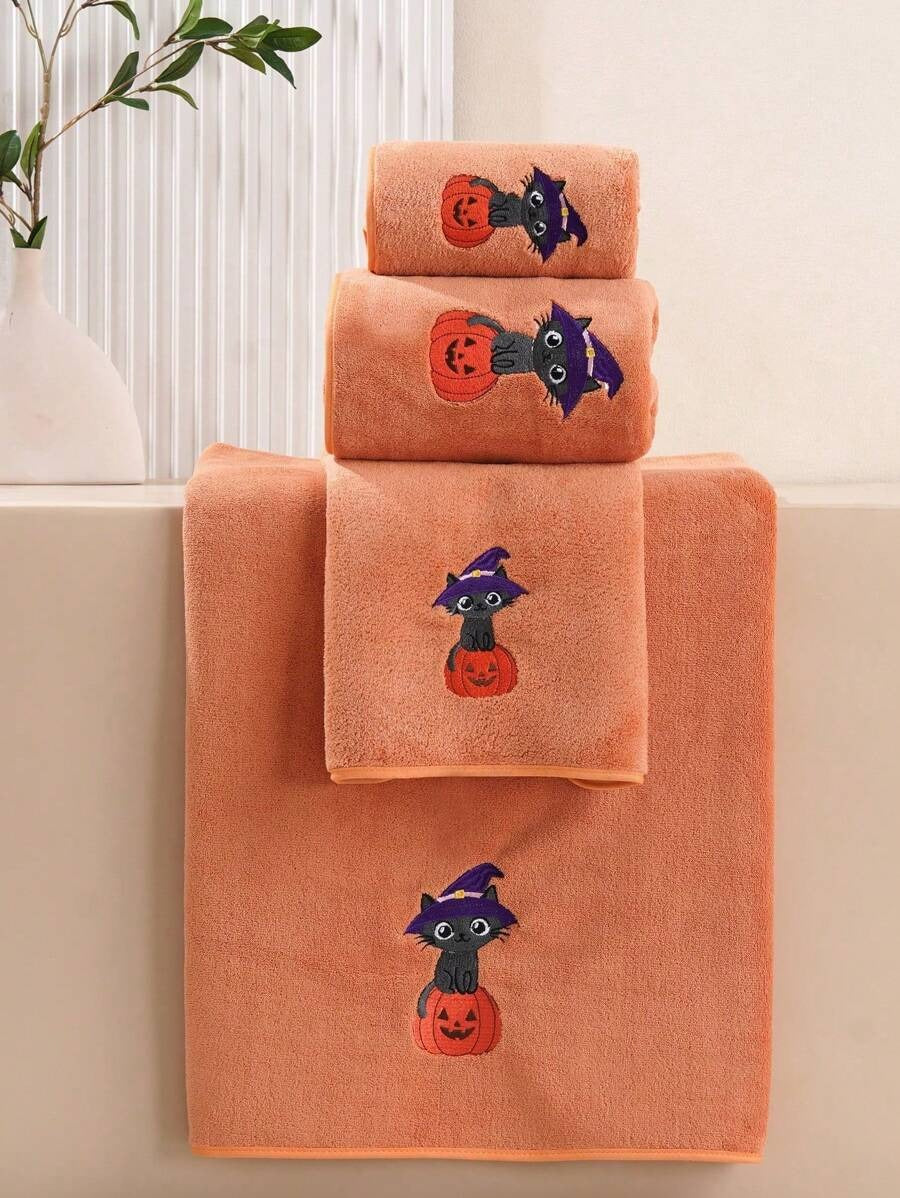 1/3 pezzi Asciugamano o telo da bagno in velluto corallo ricamato, decorazione autunnale con gatti neri e magici, regali per le vacanze, decorazione per la casa, morbido e assorbente per il salone di bellezza e il bagno di casa