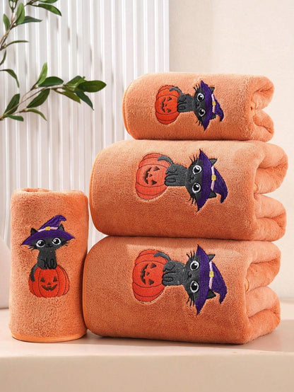 1/3 pezzi Asciugamano o telo da bagno in velluto corallo ricamato, decorazione autunnale con gatti neri e magici, regali per le vacanze, decorazione per la casa, morbido e assorbente per il salone di bellezza e il bagno di casa