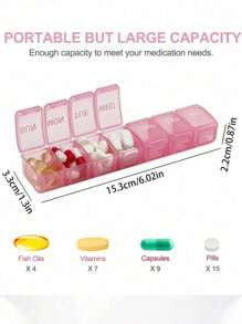 Scatola dei medicinali da 7 giorni alla settimana, portatile mini con grande capacità, scomparti in inglese, scatola portaoggetti per medicinali