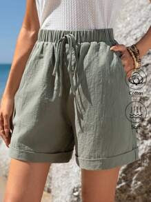 EMERY ROSE Pantaloncini casual estivi in cotone da donna con vita elastica, orlo arricciato, tasche oblique, colore verde