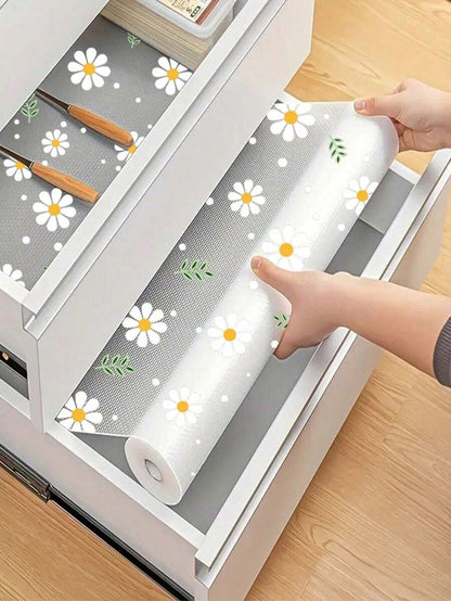 1 rotolo di rivestimento da scaffale con motivo floreale per armadi da cucina, fodera per cassetti non adesiva, rivestimento antiscivolo per frigorifero, tappetino in EVA impermeabile per frigorifero, tappetino da credenza facile da posizionare